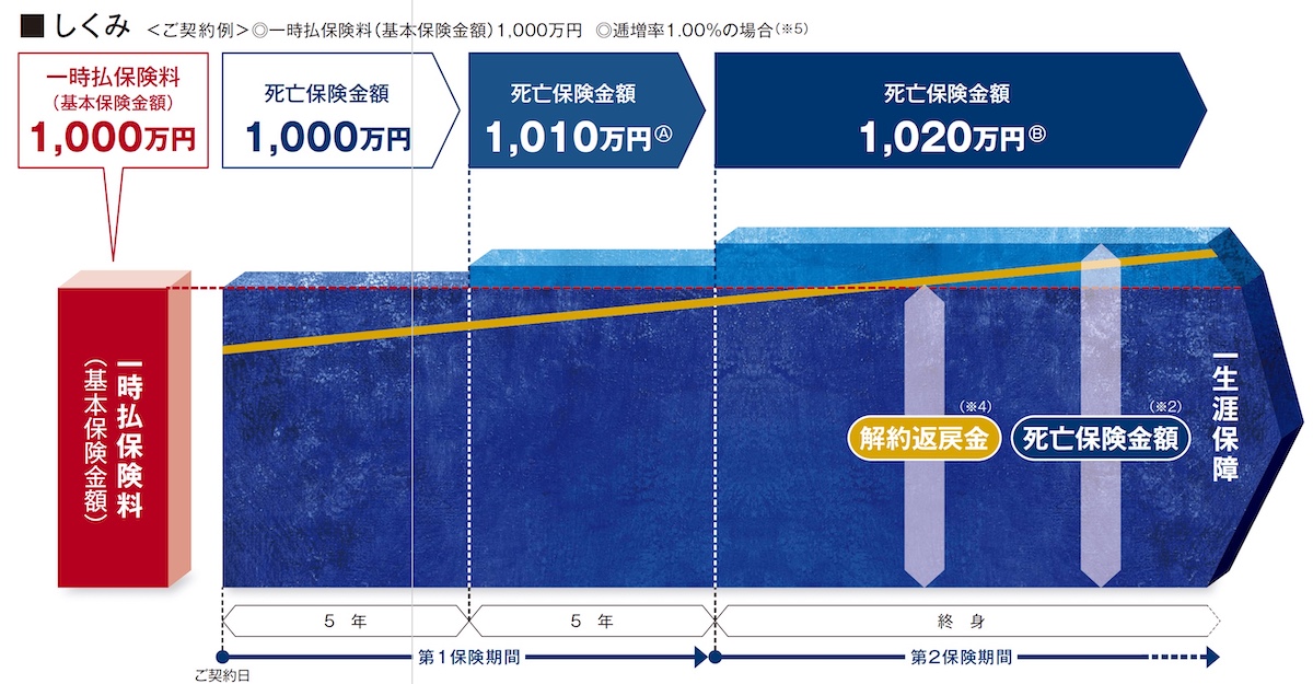 Ⓐご契約日の5年後の応当日から5年間の保険金額：基本保険金額×（1＋逓増率）、Ⓑご契約日の10年後の応当日以後の保険金額：基本保険金額×（1＋逓増率×2）