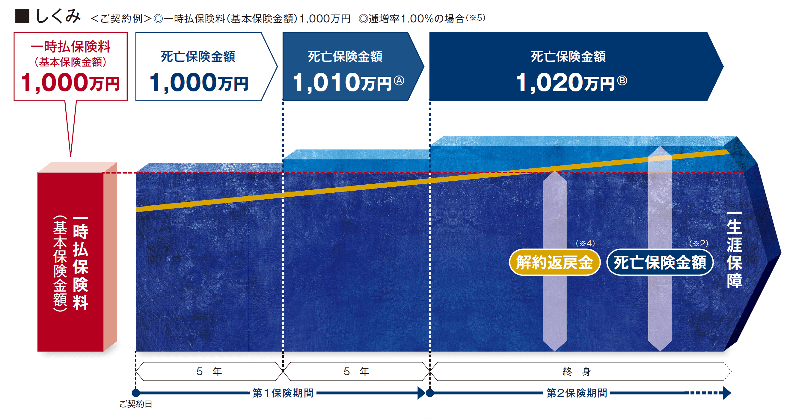 Ⓐご契約日の5年後の応当日から5年間の保険金額：基本保険金額×（1＋逓増率）、Ⓑご契約日の10年後の応当日以後の保険金額：基本保険金額×（1＋逓増率×2）